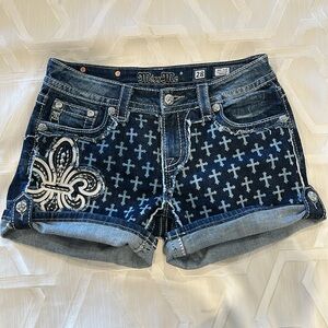MissMe distressed blue white washed shorts w beautiful rhinestones art & studs